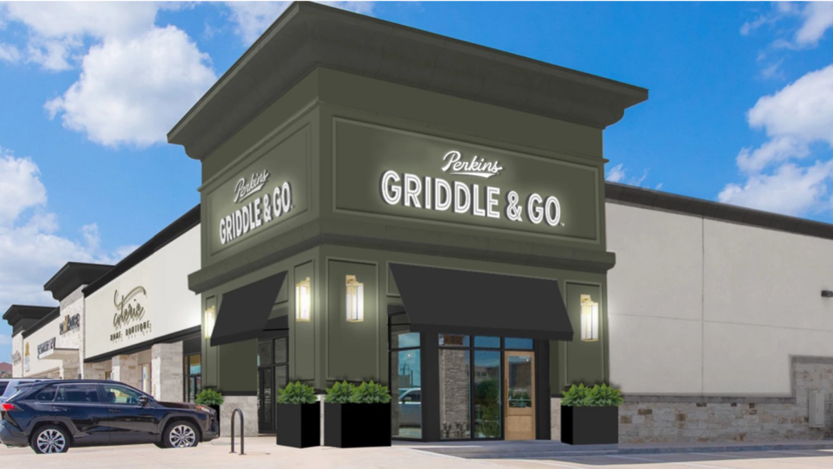perkins griddle & go restaurant exterior, modern facade