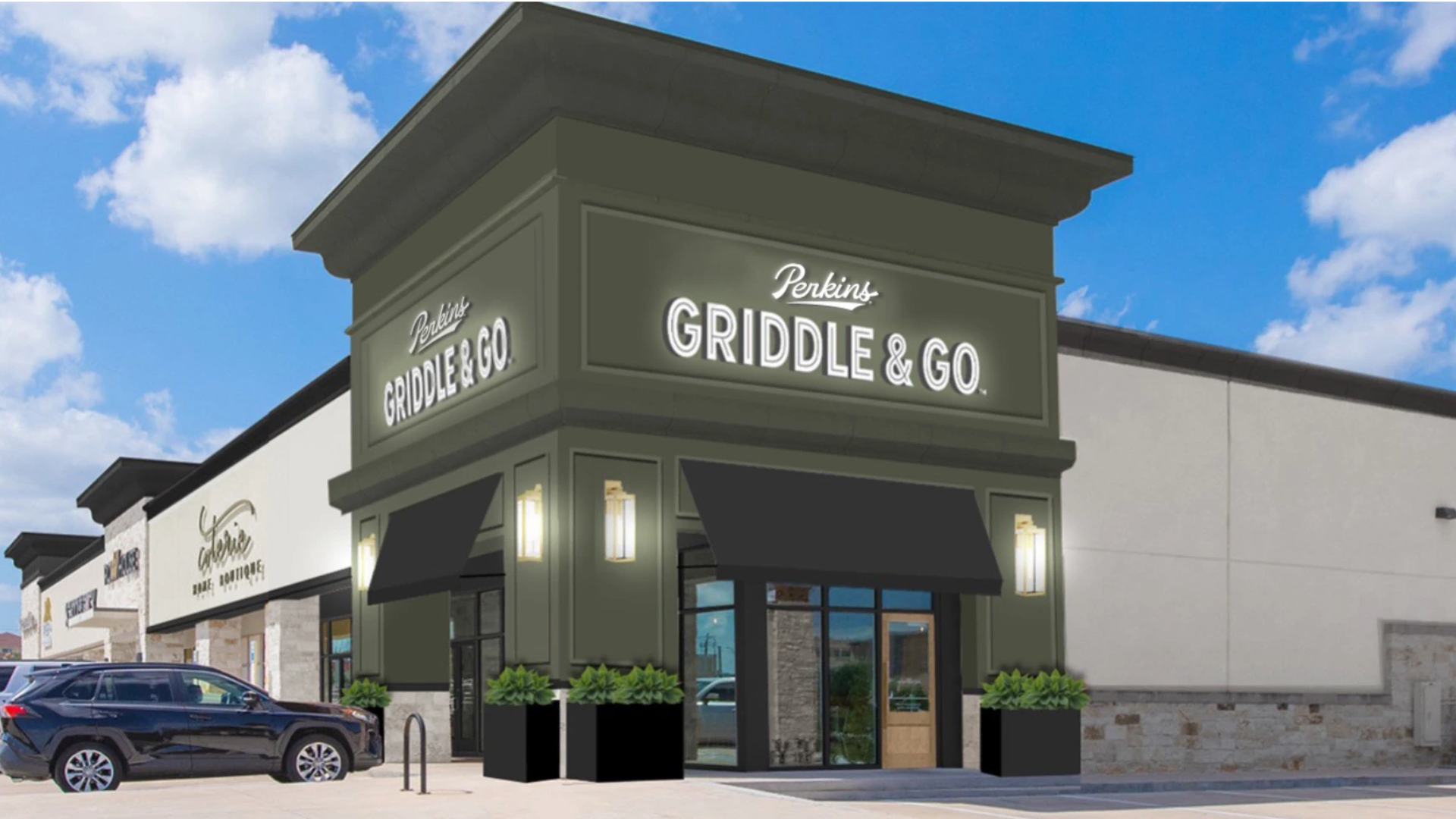perkins griddle & go restaurant exterior, modern facade