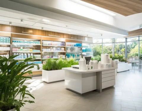 pharmacie moderne et lumineuse avec plantes vertes