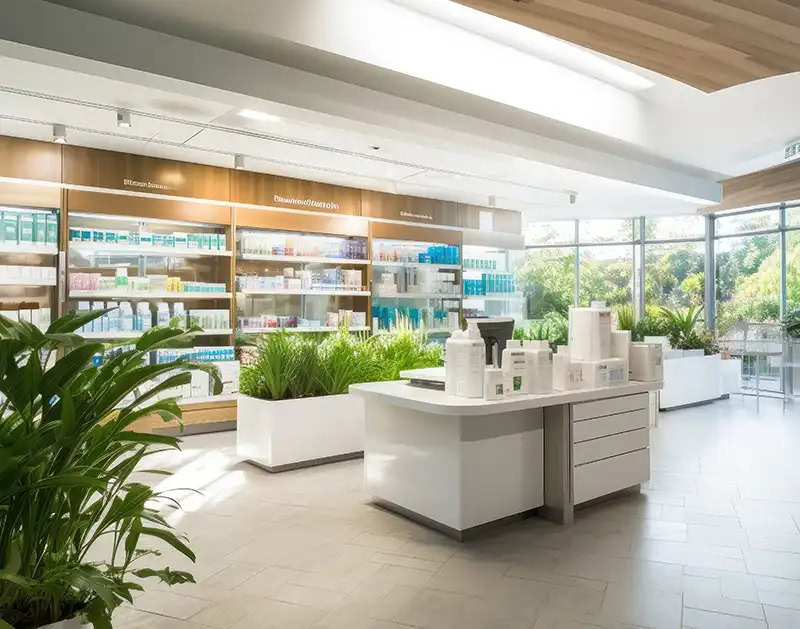 pharmacie moderne et lumineuse avec plantes vertes