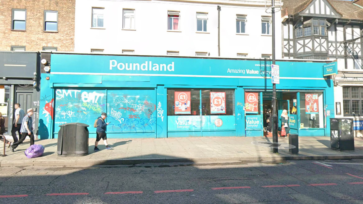 poundland storefront on sunny town street