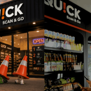 fachada de quick scan & go con conos naranjas