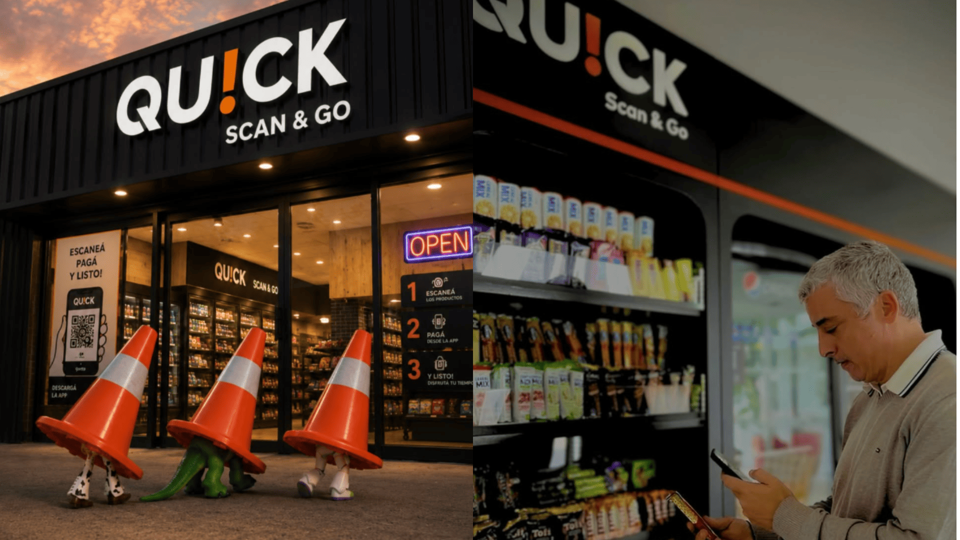fachada de quick scan & go con conos naranjas