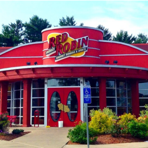 red robin restaurant exterior with bright red facade
