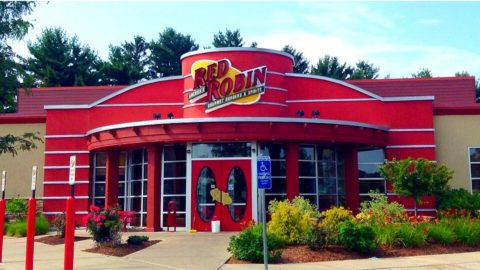 red robin restaurant exterior with bright red facade