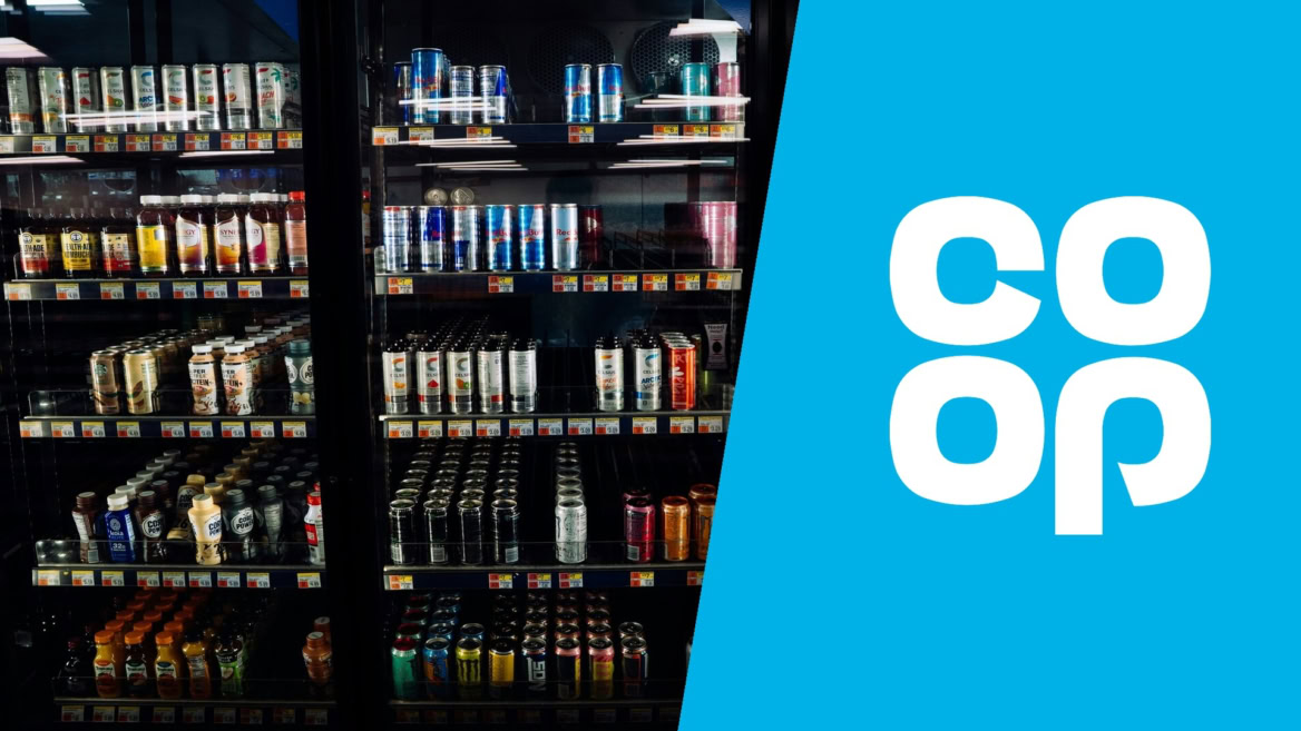 co op chilled drinks display, convenience store fridge