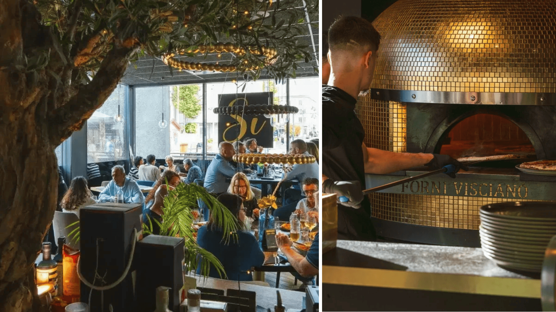 restaurant italien luxe : salle animée et four à pizza doré