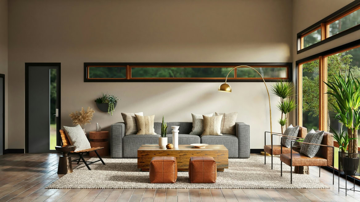 salon moderne lumineux, bois naturel et textures douces