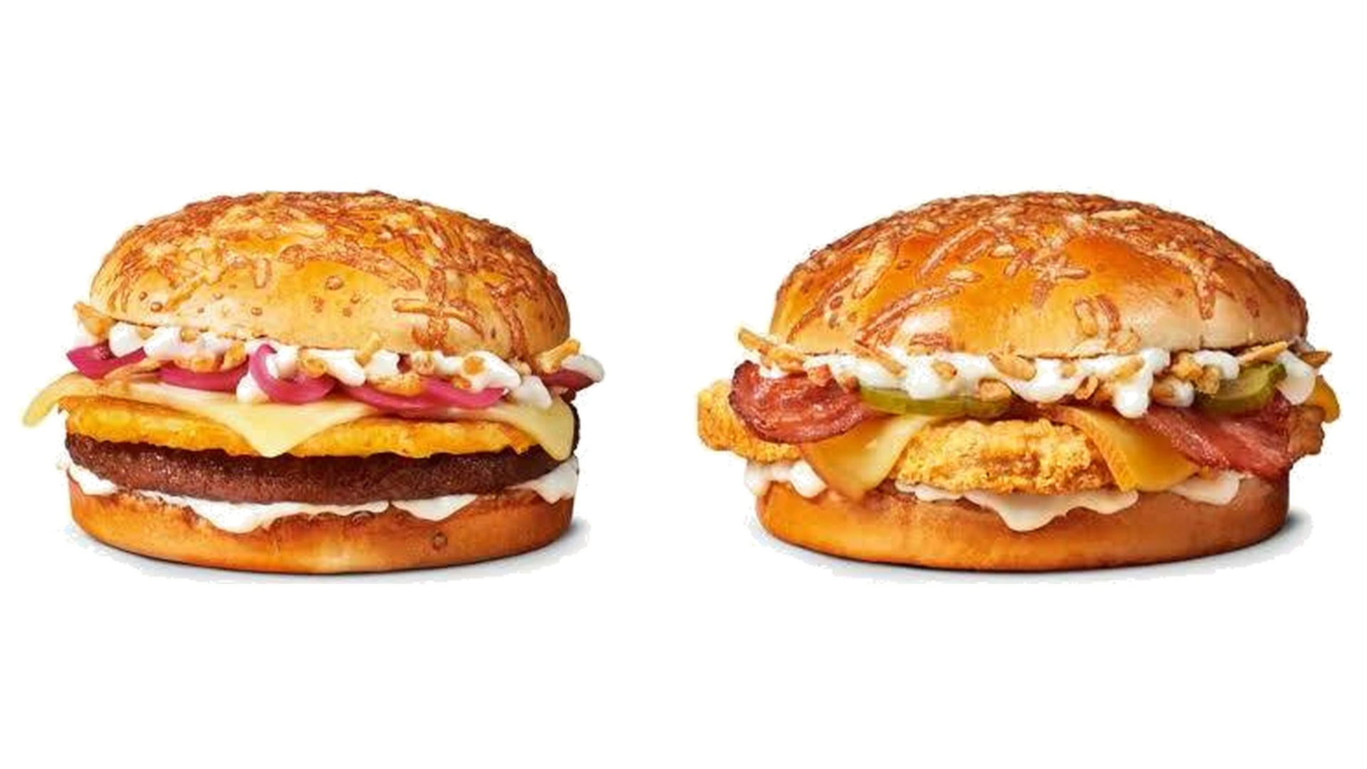 deux burgers gourmands sur fond blanc