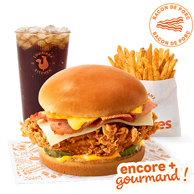 sandwich poulet frit bacon, frites et soda mountainburst
