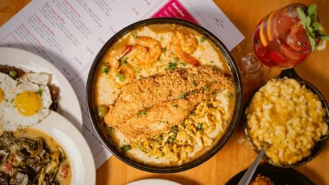 creamy shrimp seafood dinner with corn side