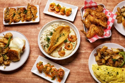 southern comfort food feast with fried chicken and shrimp