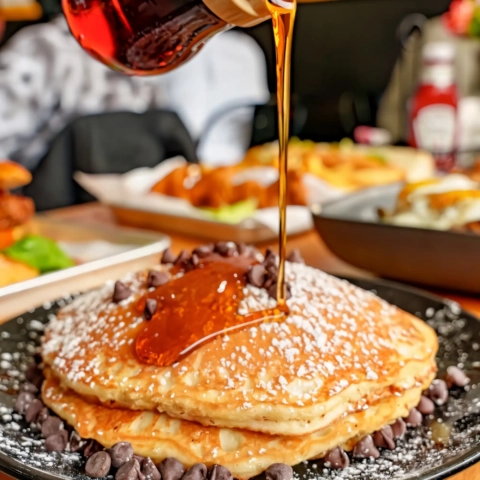 stacked pancakes with maple syrup and chocolate chips