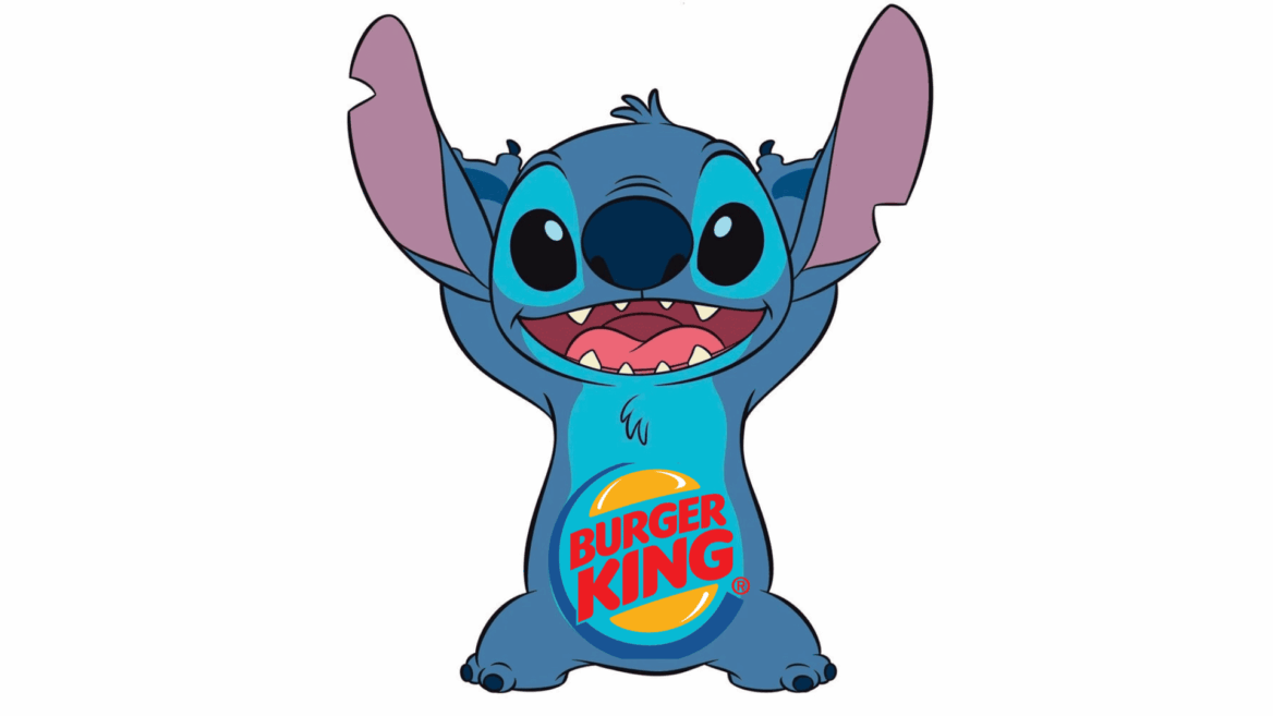 stitch con logo burger king, estilo cartoon