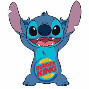 stitch con logo burger king, estilo cartoon