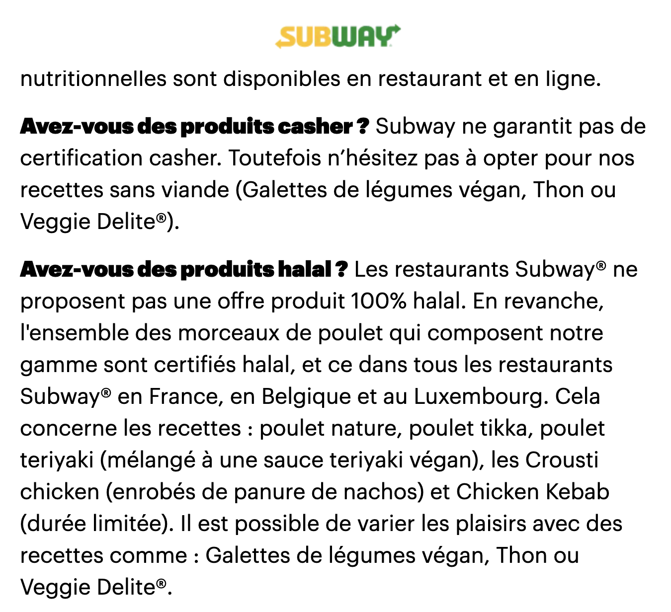 faq subway : produits casher et halal