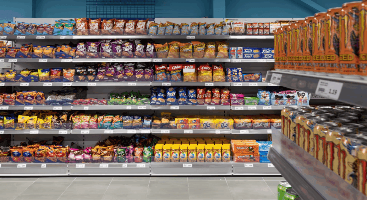 allée de chips bien garnie au supermarché