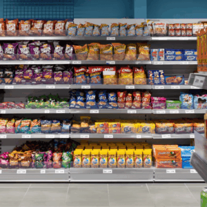 allée de chips bien garnie au supermarché