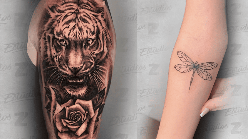 tatuaje de tigre realista y libélula minimalista