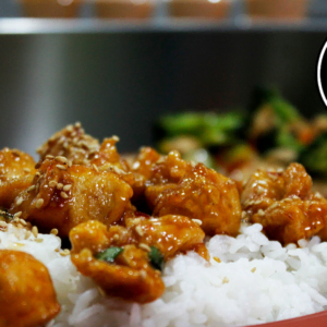 teriyaki chicken rice bowl with sesame seeds