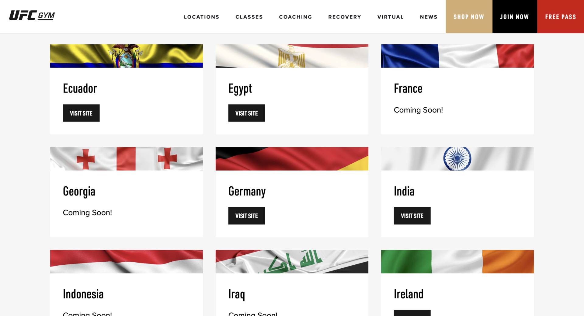 ufc gym : annuaire des sites par pays