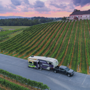 vineyard sunset with harvest hosts trailer