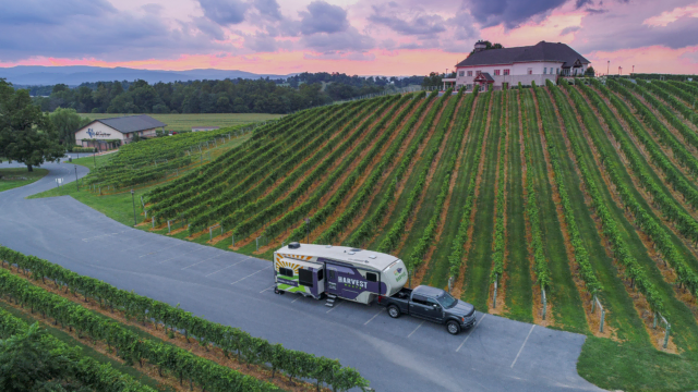 vineyard sunset with harvest hosts trailer