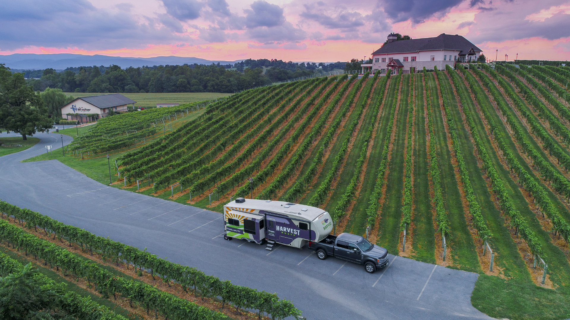 vineyard sunset with harvest hosts trailer