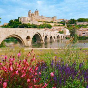 beziers cathedral with pont vieux and orb river france
