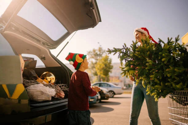 photo of mother and son packing their christmas tree in a car